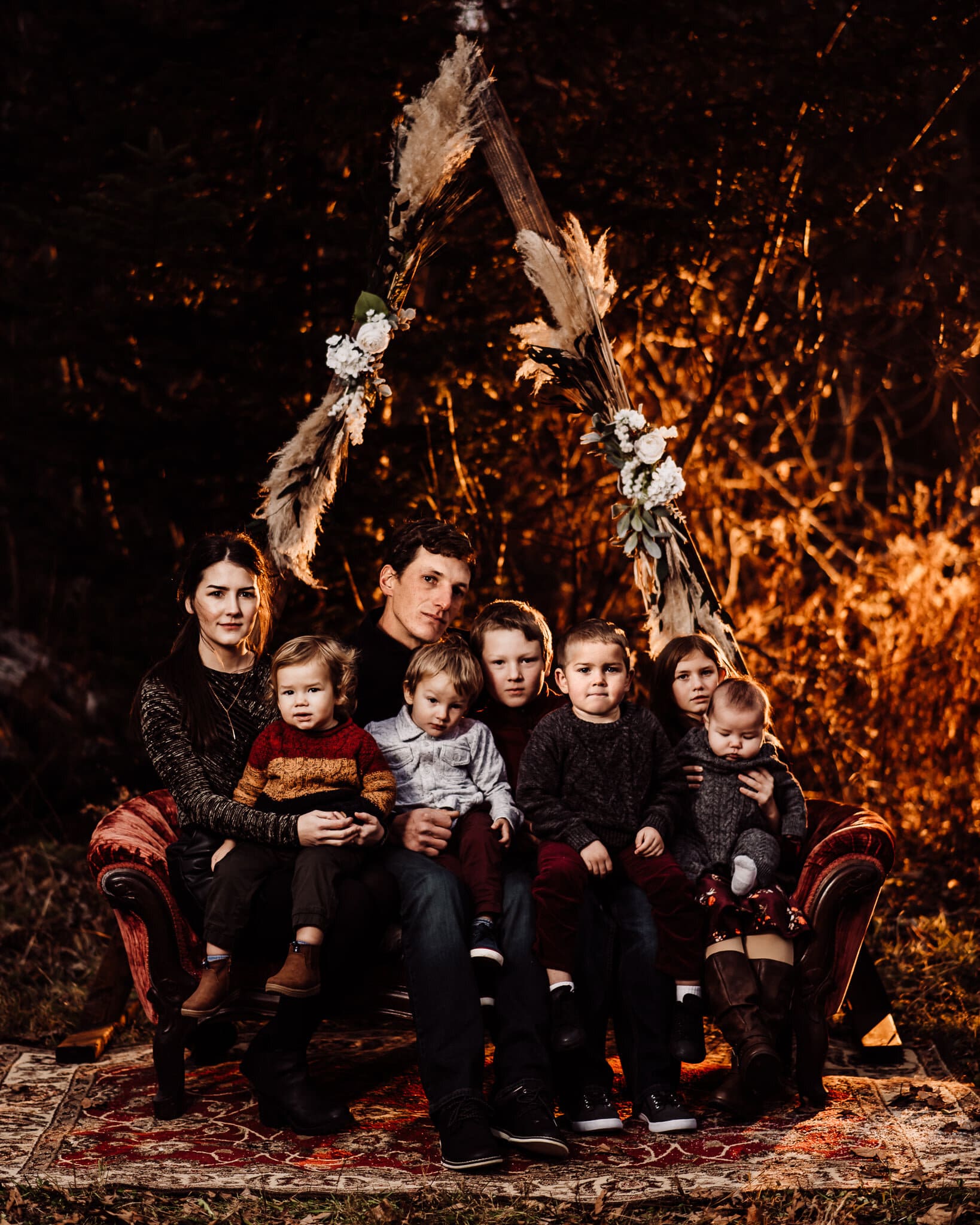 Maine wedding photography elopement bar harbor Acadia national park Christmas winter harvest mini wood triangle arch red velvet sofa