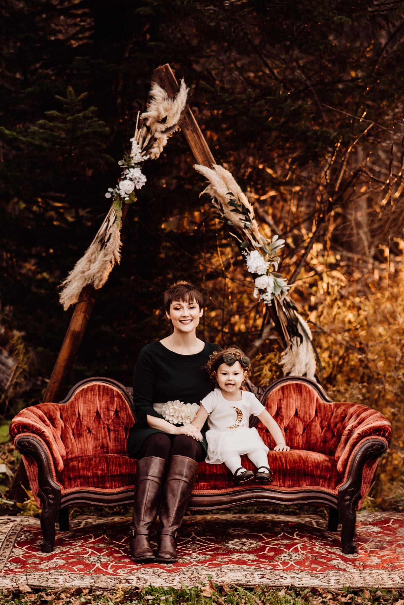 Maine wedding photography elopement bar harbor Acadia national park Christmas winter harvest mini wood triangle arch red velvet sofa