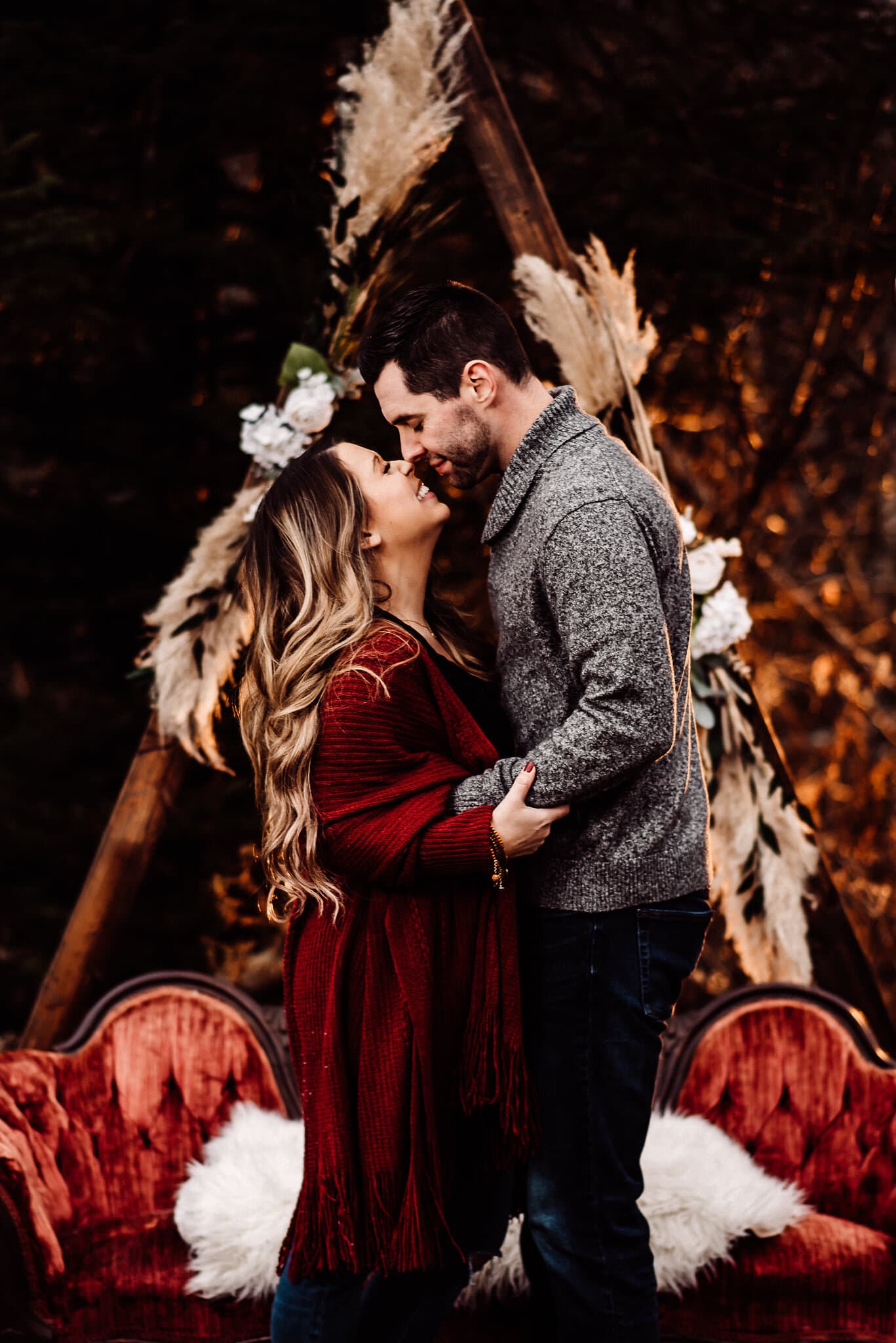 Maine wedding photography elopement bar harbor Acadia national park Christmas winter harvest mini wood triangle arch red velvet sofa