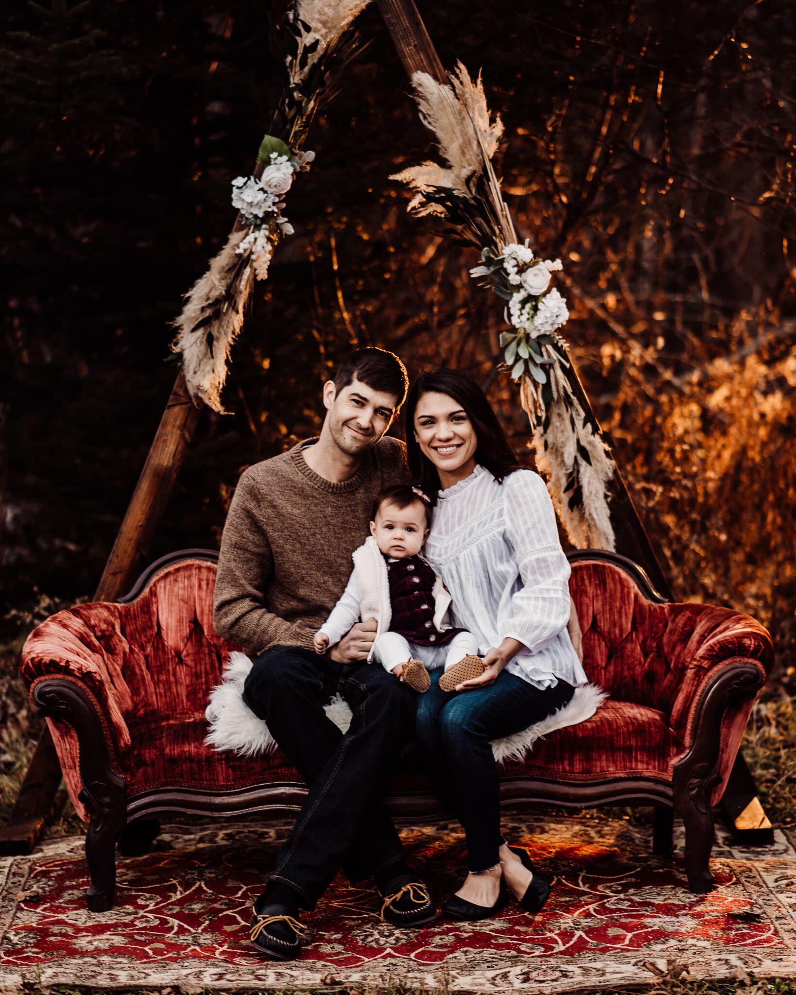 Maine wedding photography elopement bar harbor Acadia national park Christmas winter harvest mini wood triangle arch red velvet sofa