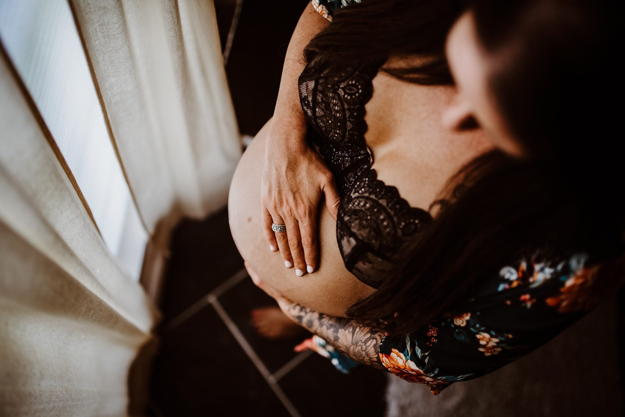 Maine maternity Breezy Photography pregnant boho bohemian lifestyle boudoir photo shoot black bra sweater