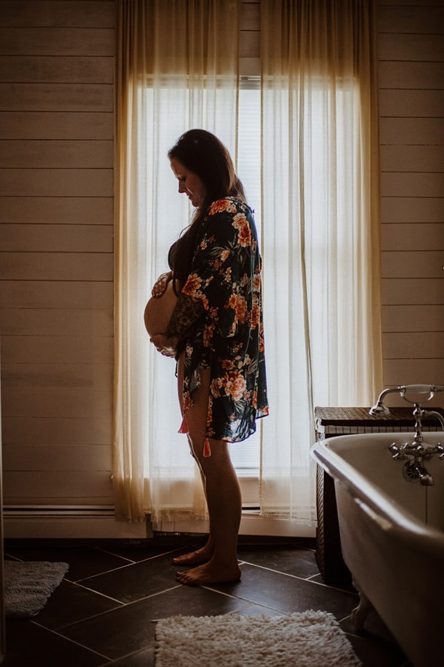 Maine maternity Breezy Photography pregnant boho bohemian lifestyle boudoir photo shoot black bra sweater