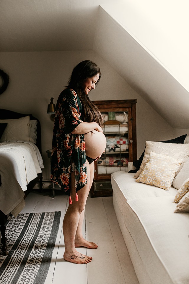 Maine maternity Breezy Photography pregnant boho bohemian lifestyle boudoir photo shoot black bra sweater