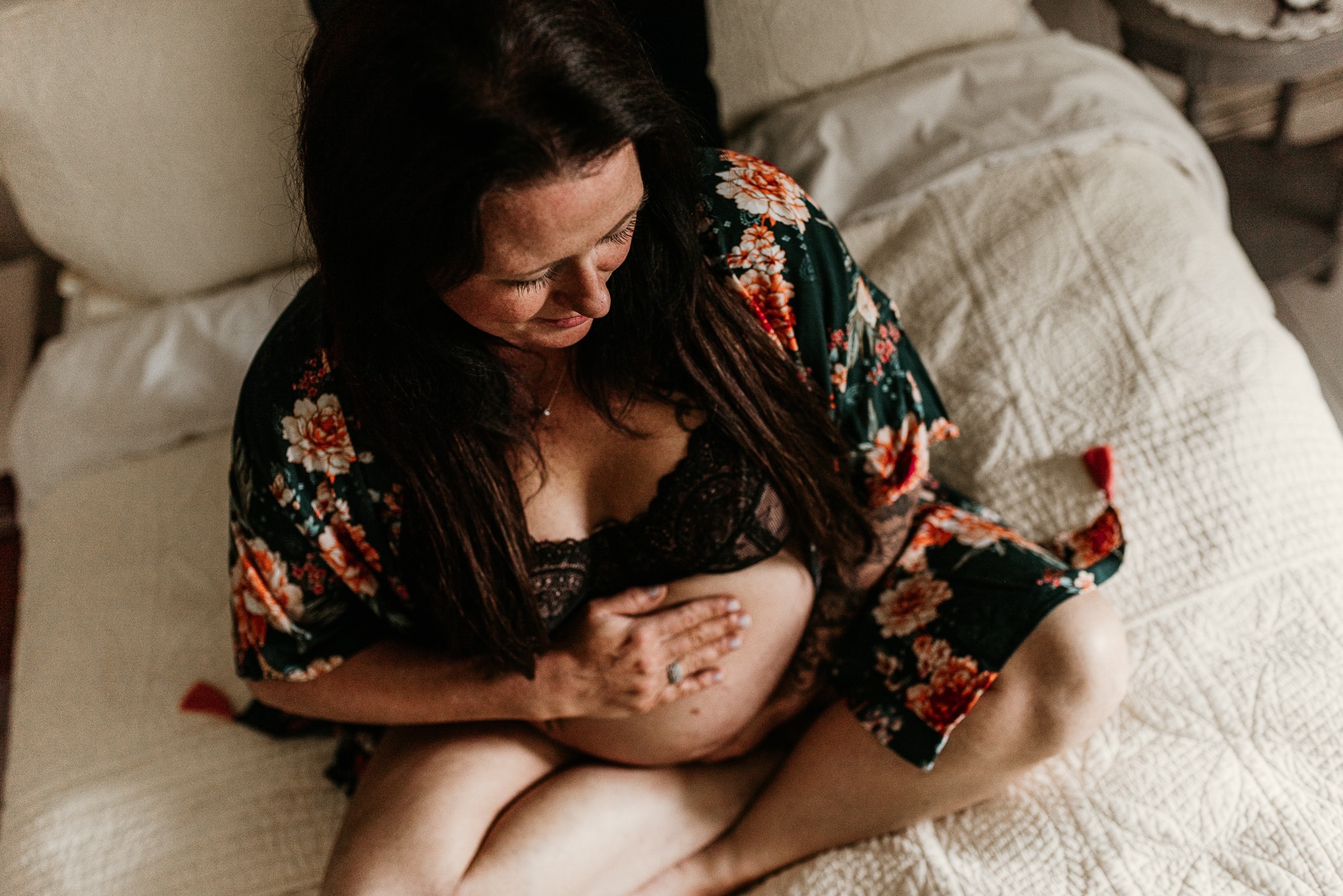 Maine maternity Breezy Photography pregnant boho bohemian lifestyle boudoir photo shoot black bra sweater