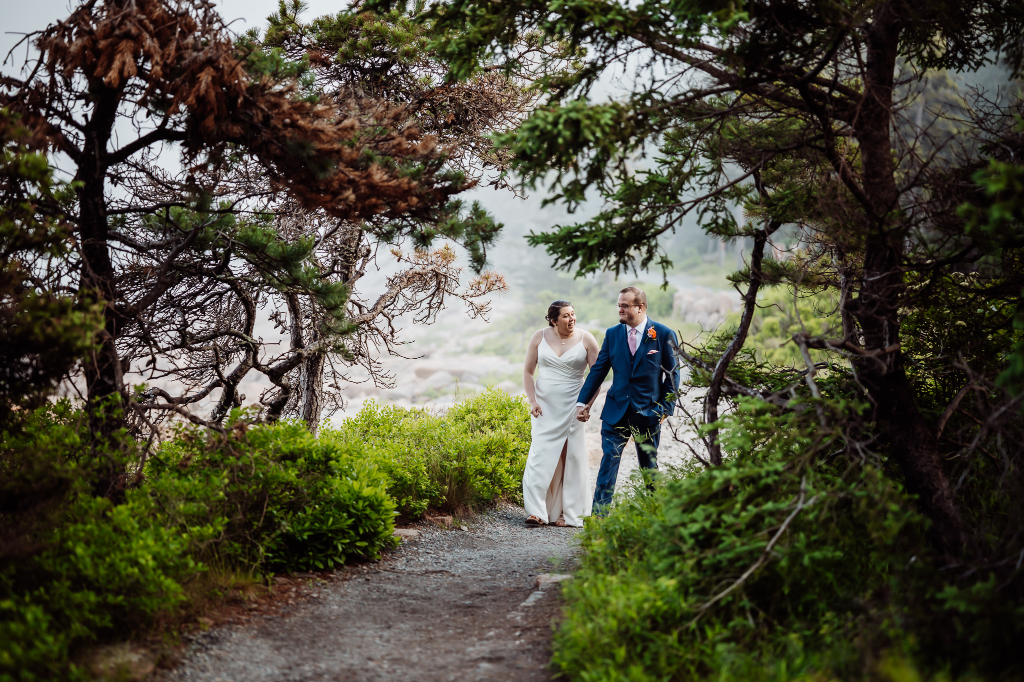 Bride and groom walk hand-in-hand through a forested trail, framed by pine trees and surrounded by lush green foliage near the rocky coast.