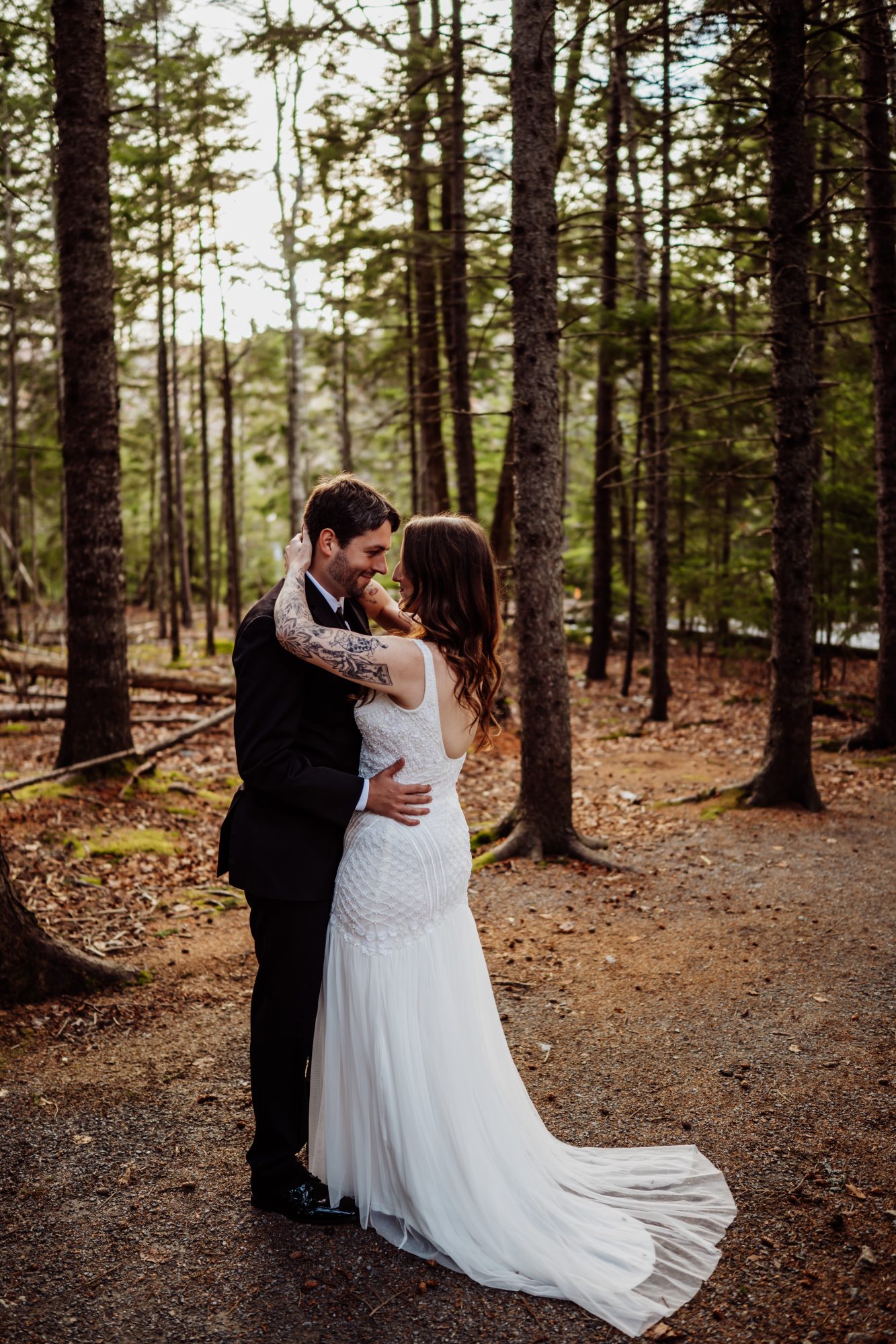Romantic elopement portrait of bride and groom embracing beneath pine trees at Jordan Pond in Acadia National Park